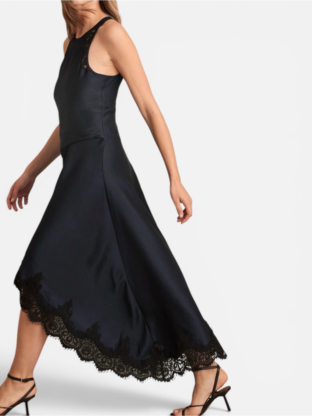 Reiss Anais Midi Dress Navy Satin Black Lace Trim Asymmetrical Size 8 Petite New